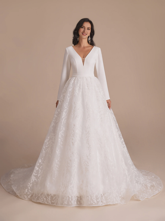 Long sleeved V-neck A-line backless lace wedding dress