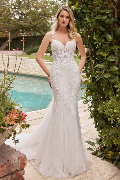 Lace applique long sleeveless wedding dress