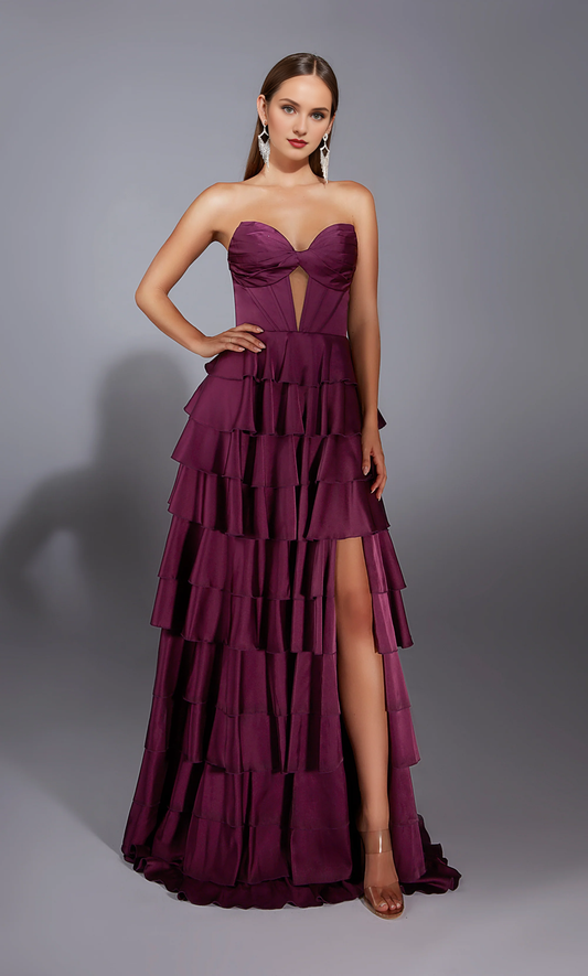 Satin chiffon deep V-neckline A-line evening gown with lace up tight corset slit long formal dress