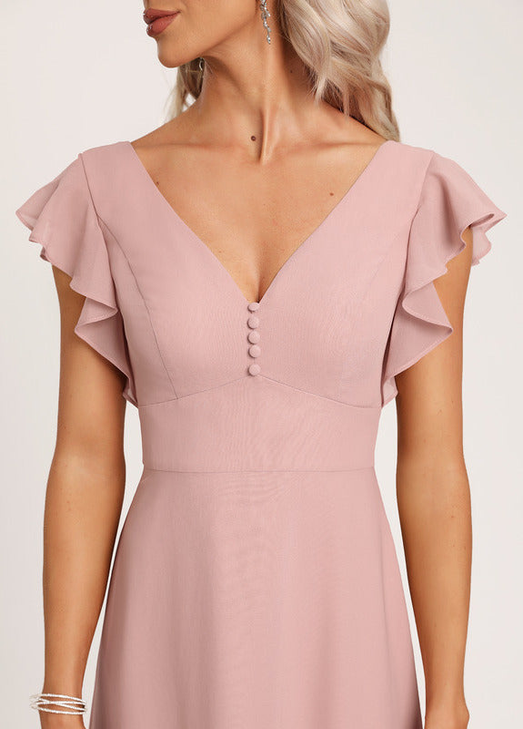 Floor-length A-line Chiffon Gowns with Ruffles Waist Dusty Rose