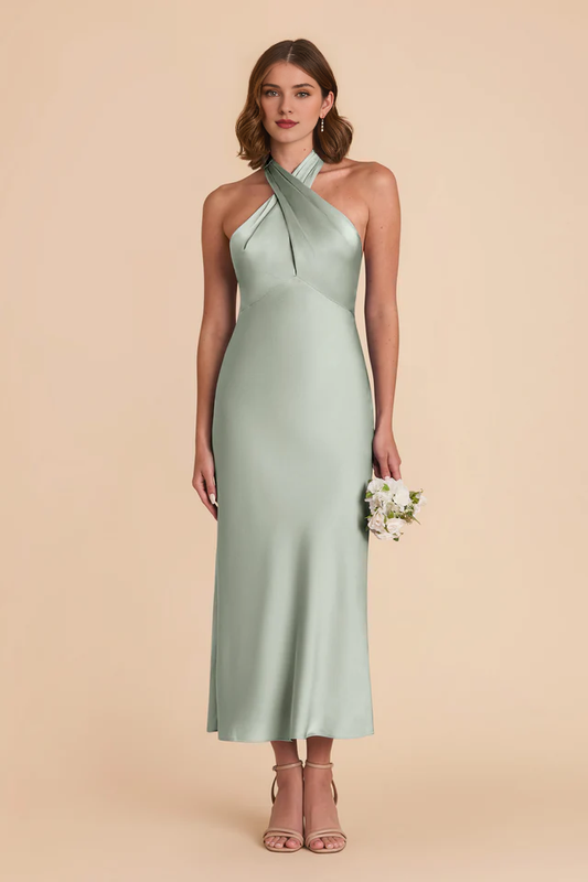 Rear tie neck matte satin and ankle length bridesmaid dress