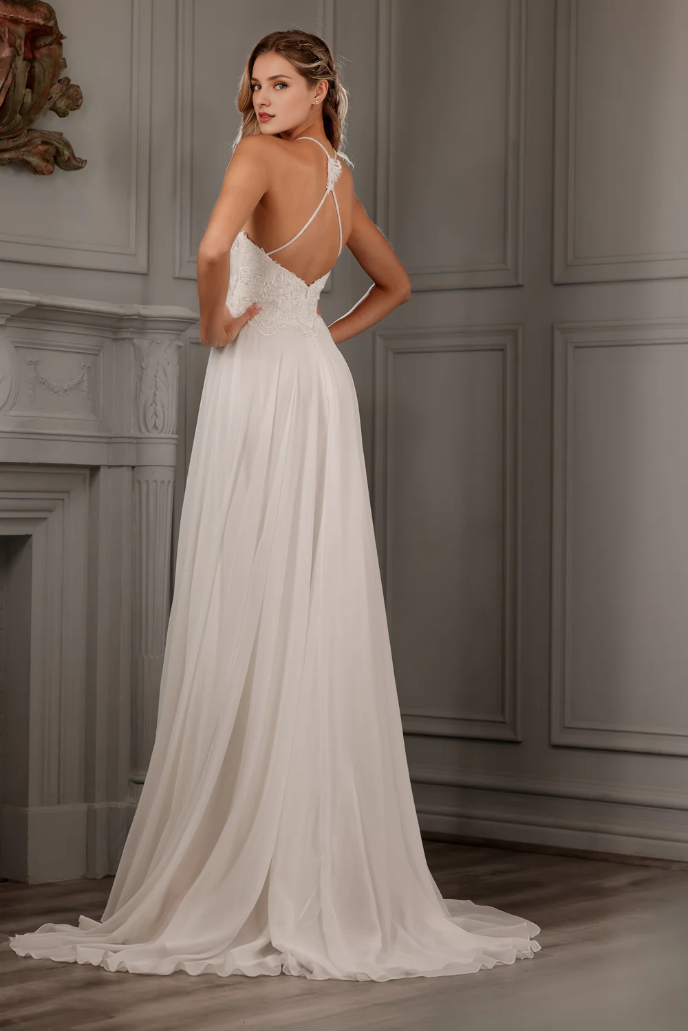 Embroidered lace applique long neck hanging chiffon wedding dress