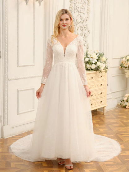 A-line princess V-neck long lace applique long sleeved wedding dress