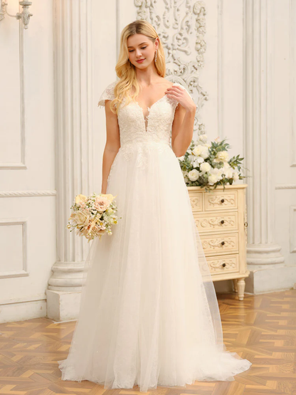 V-neck applique bead embellishment short sleeved long wedding dress