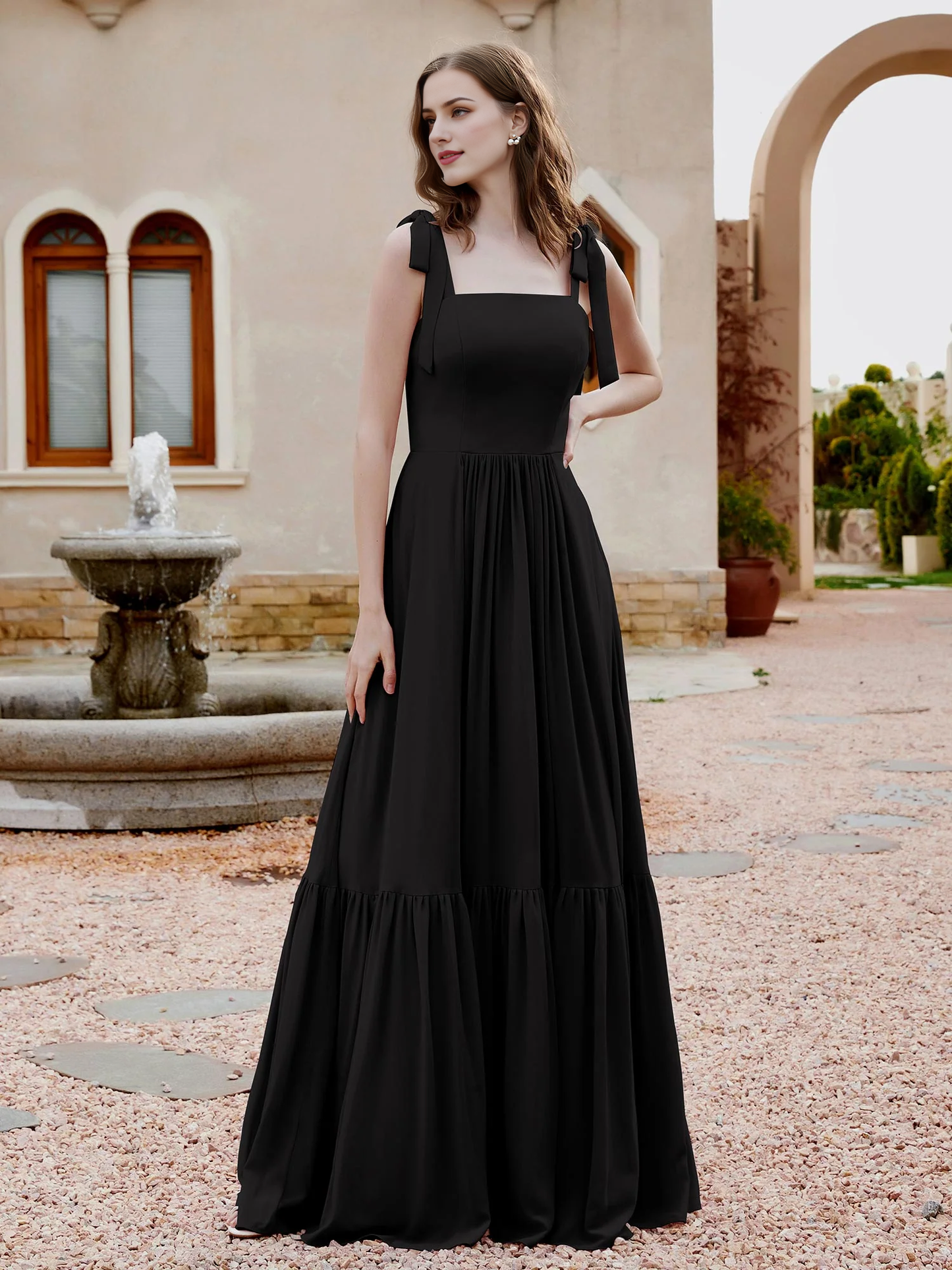 A-line butterfly bow ruffle sleeveless chiffon bridesmaid dress