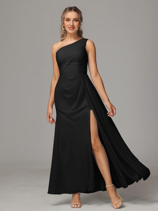 One shoulder and floor length chiffon bridesmaid dress