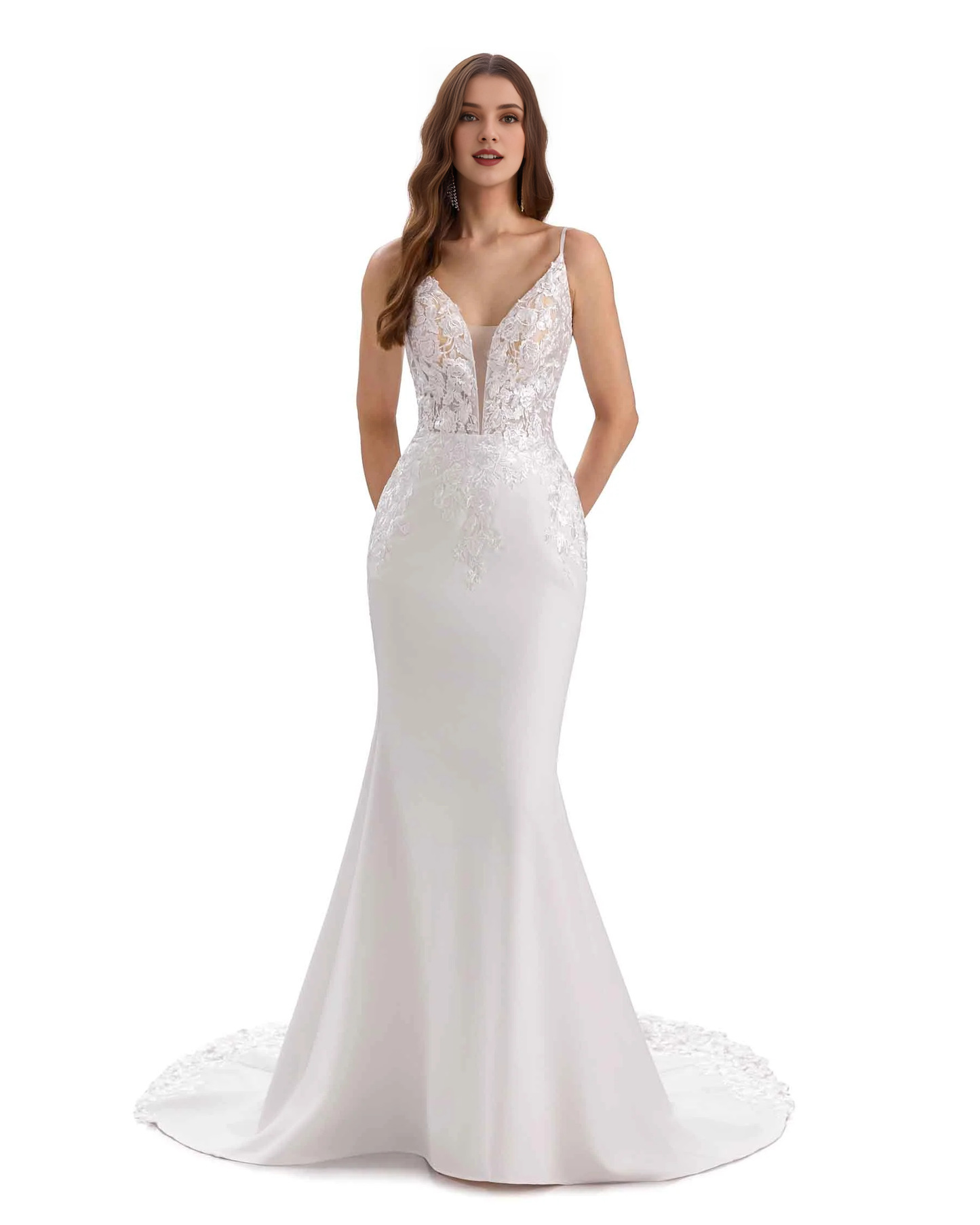 Sexy mermaid slim shoulder strap V-neck ultra long lace wedding dress