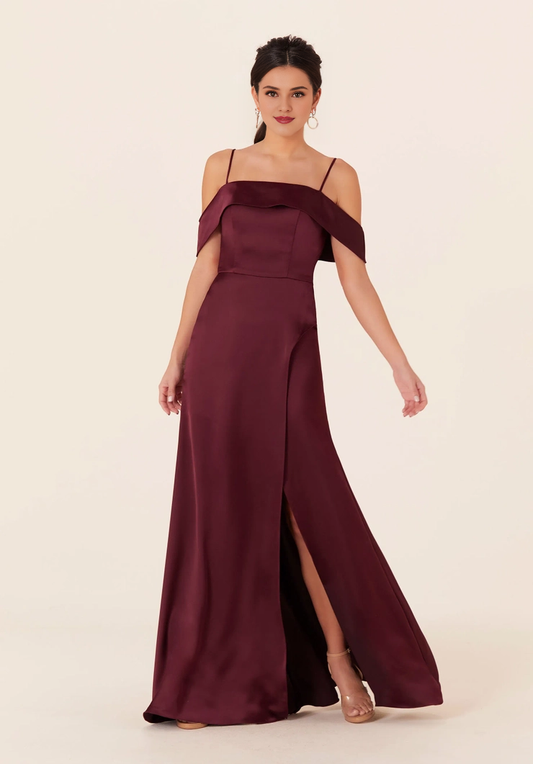 Thin shoulder strap satin off shoulder collar front skirt slit bridesmaid dress