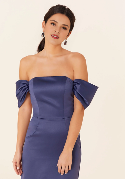 Satin straight neckline off shoulder sleeves trumpet shaped bridesmaid dress