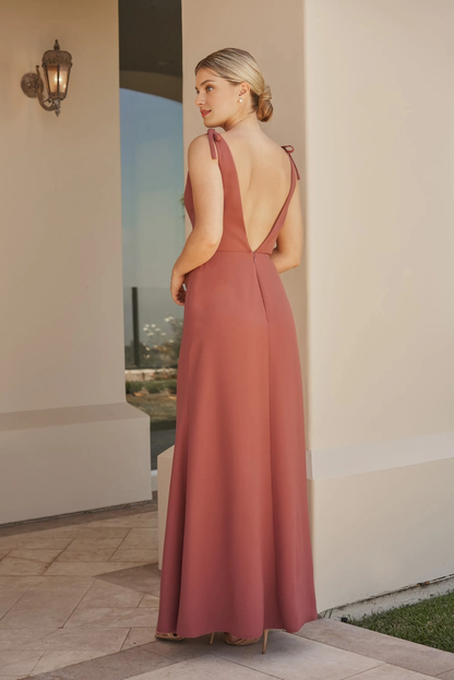 Crepe A-line deep V-neck thin shoulder strap bow V-back bridesmaid dress