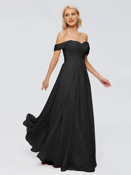 Off shoulder chiffon and floor length bridesmaid dress