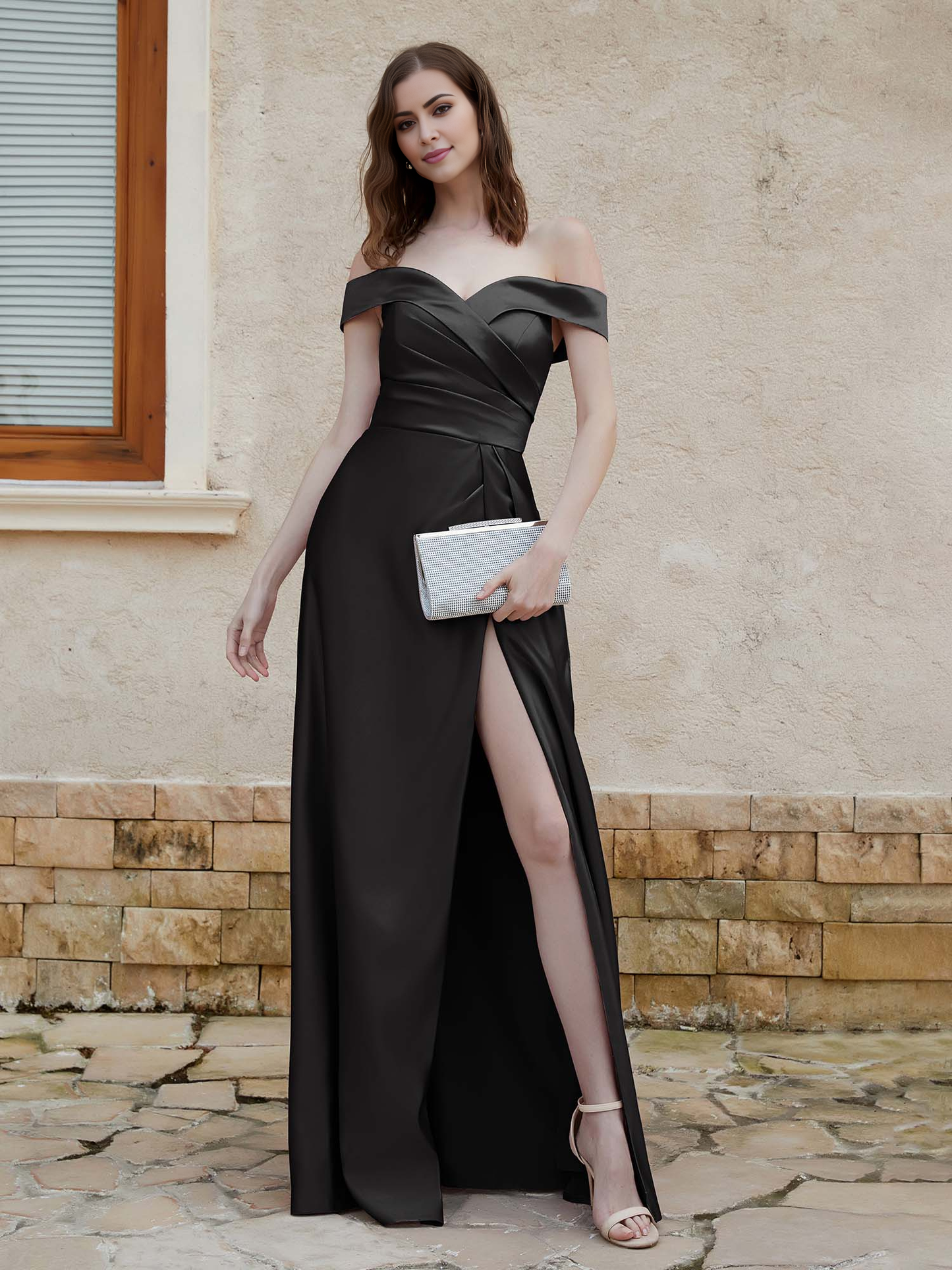 Open slit shoulder satin dress