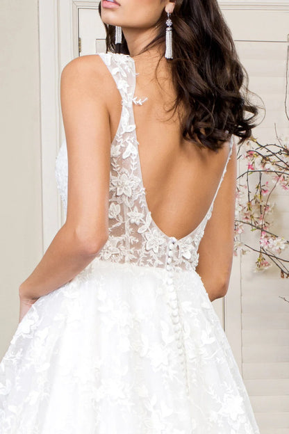 3D floral embroidery long V-neck wedding dress