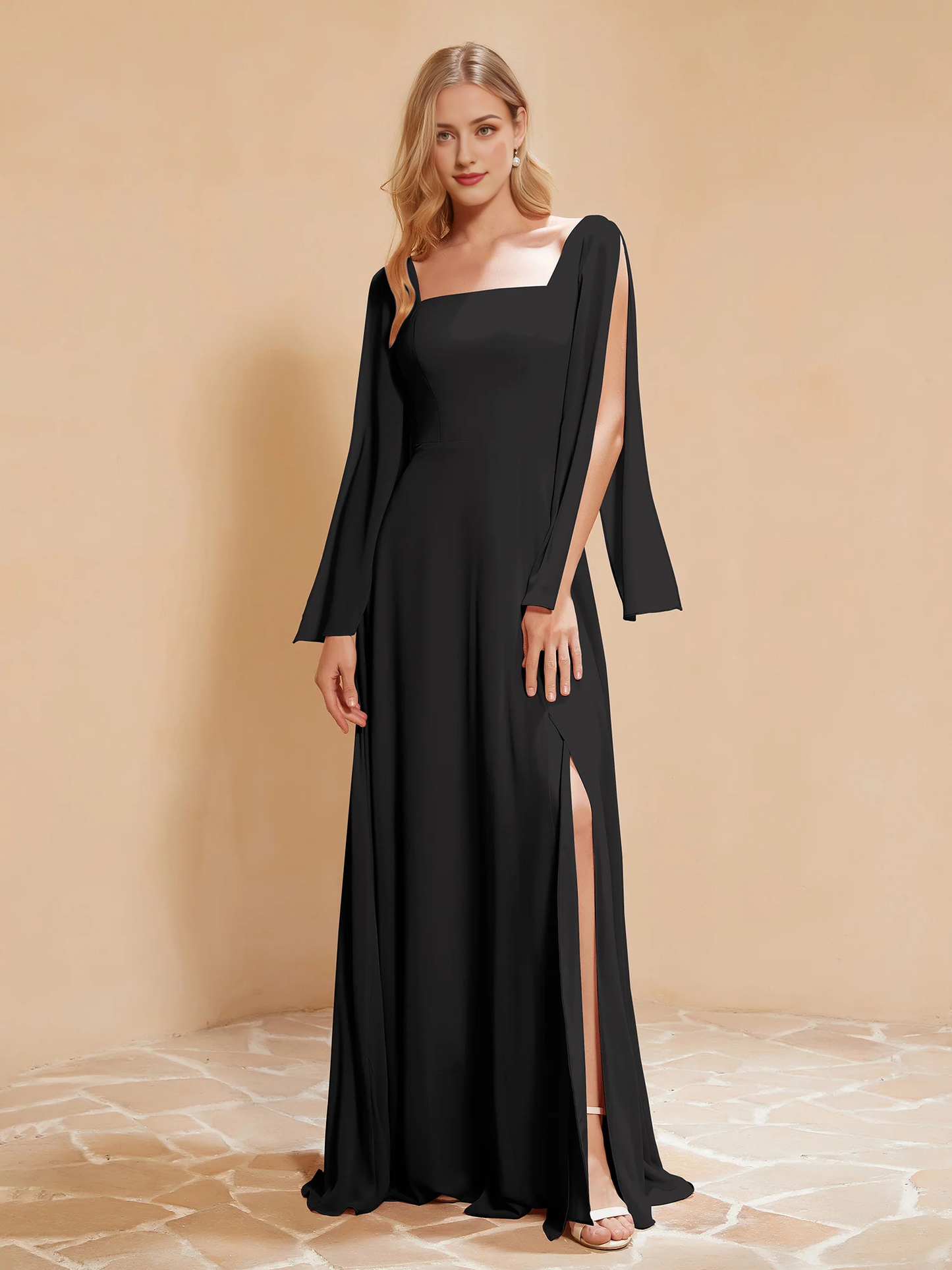 Square neck pleated chiffon and floor dress