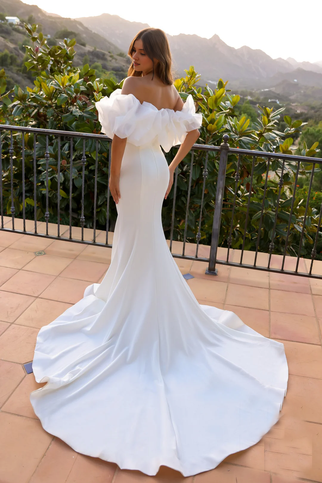 Lotus leaf edge length white off shoulder wedding dress