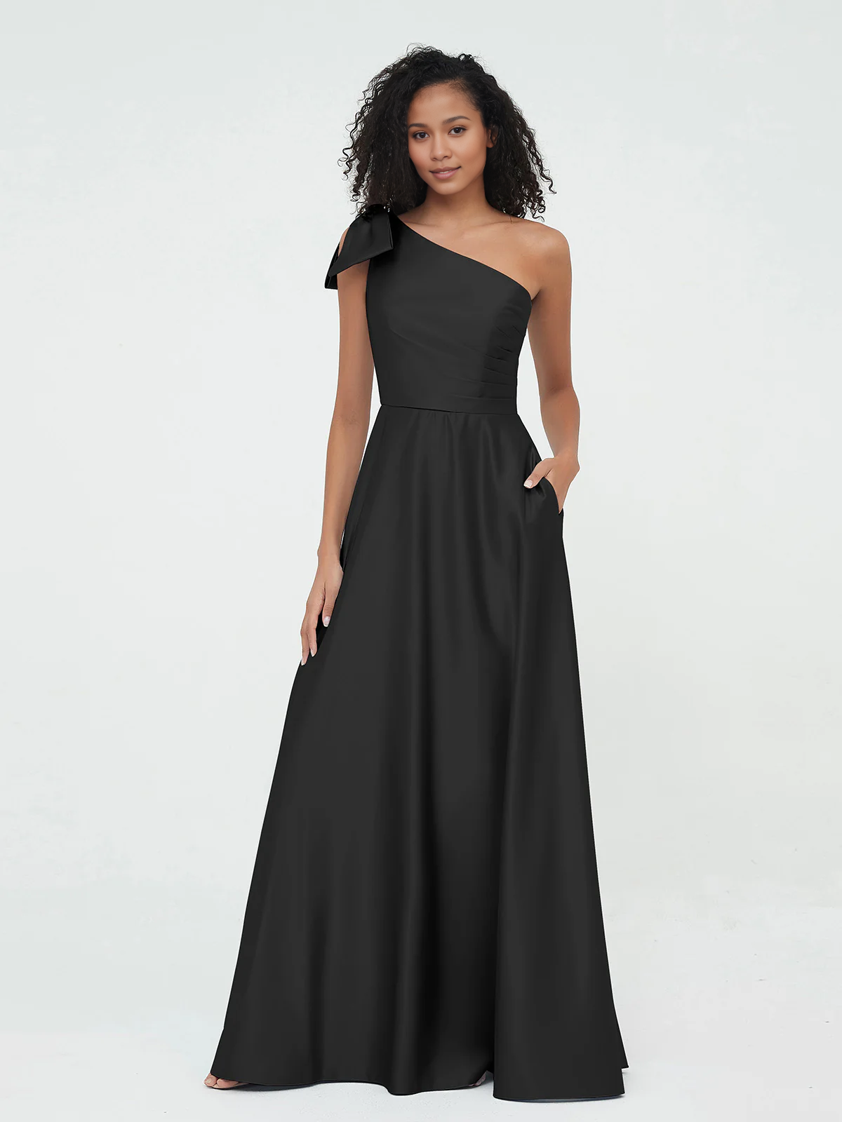 Pocket one shoulder long satin bridesmaid dress