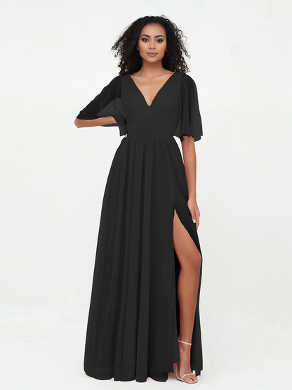 A-line V-neck chiffon Max deep V-back dress