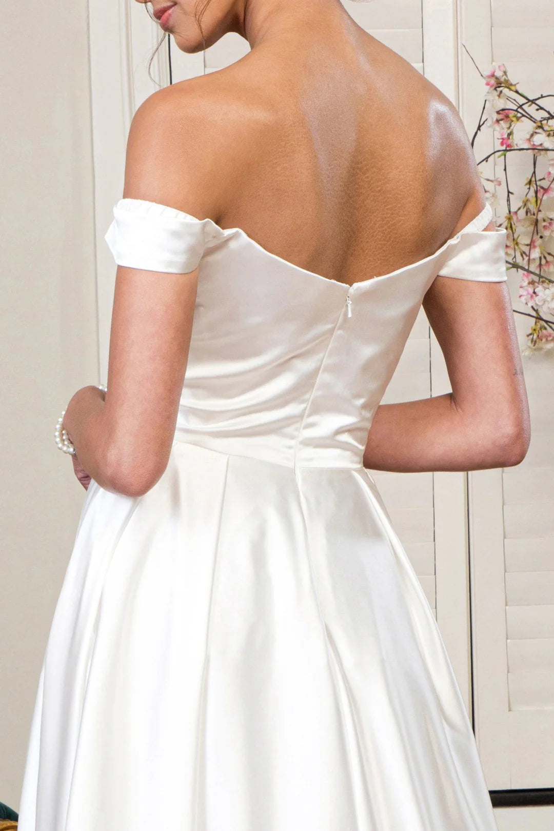 Long off shoulder satin wedding dress