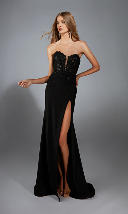 Lace strapless fitted trumpet shaped evening gown with slit and tight corset long formal dress