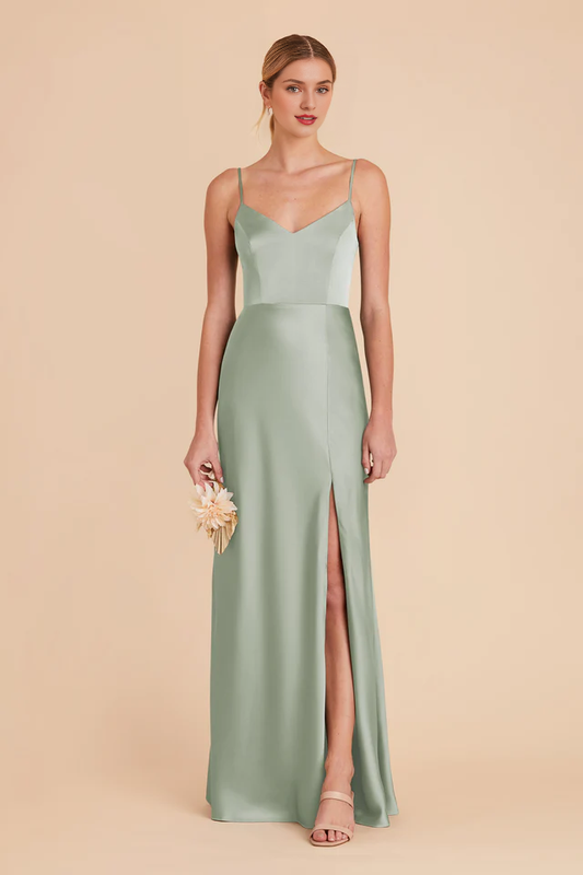 Thin shoulder strap V-neck satin full lining and floor length bridesmaid dress