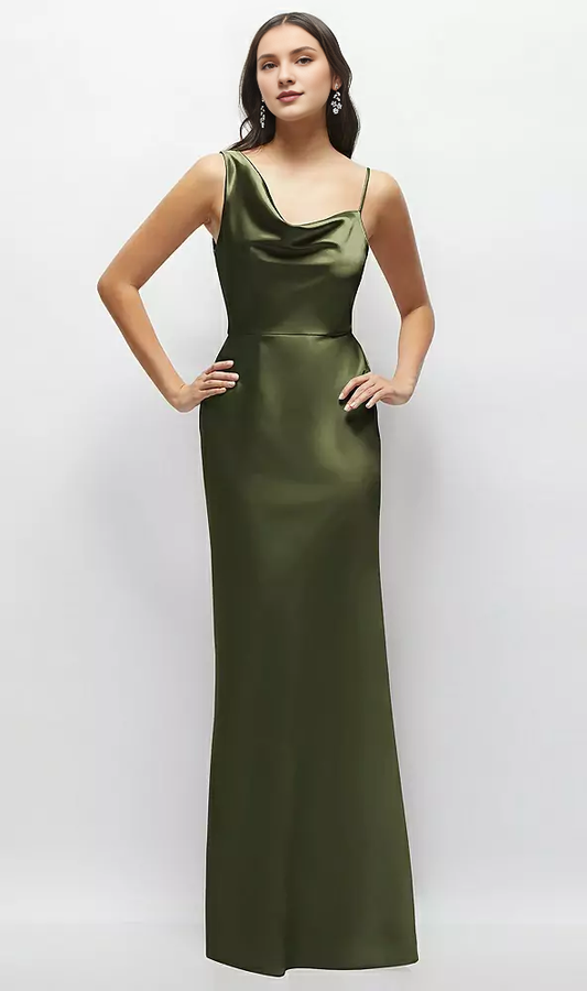 One shoulder hanging hood A-line satin ultra long bridesmaid dress