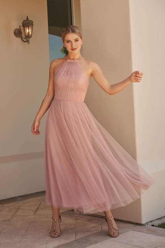 Chiffon A-line pleated suspender with ruffle edge neckline bridesmaid dress