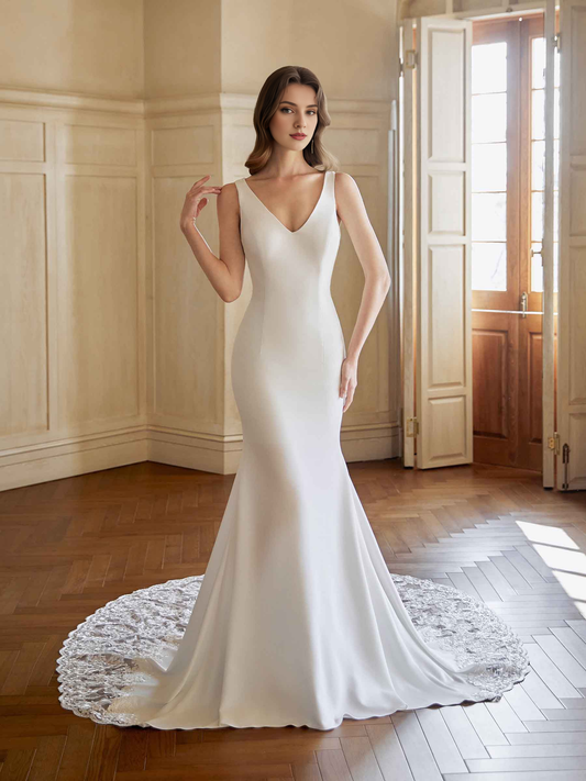 Elegant fish tail V-neck sleeveless ultra long lace wedding dress