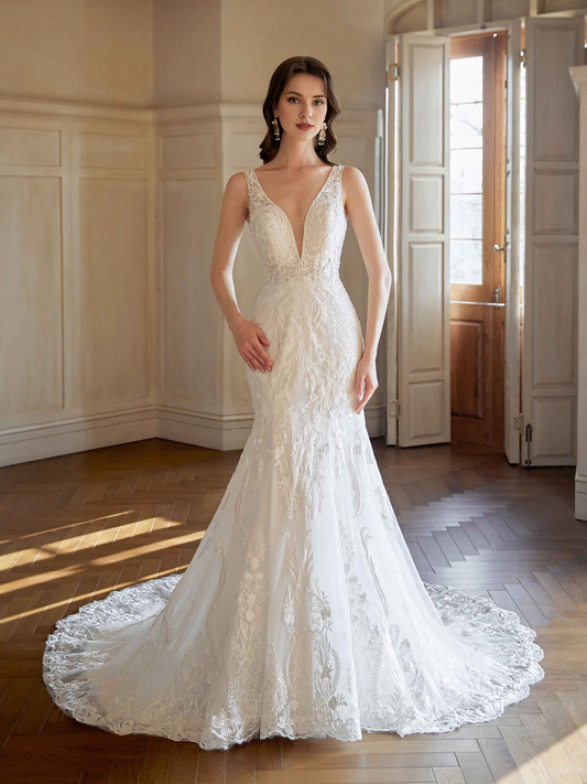 Sexy fish tail backless V-neck ultra long lace wedding dress