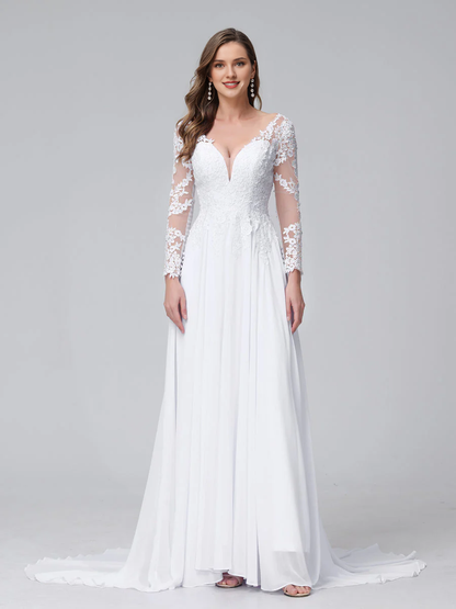 A-line V-neck long sleeved lace applique long chiffon wedding dress