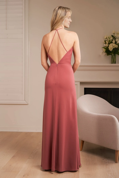 Soft crepe slim fit backless neckline thin shoulder straps deep V-shaped back front slit bridesmaid dress