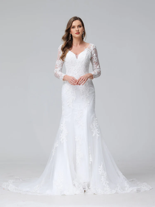 Horn fish tail V-neck long sleeved lace wedding dress