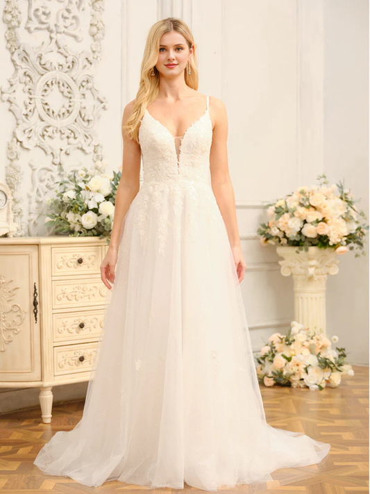 A-line applique sequin princess thin shoulder strap sleeveless long wedding dress