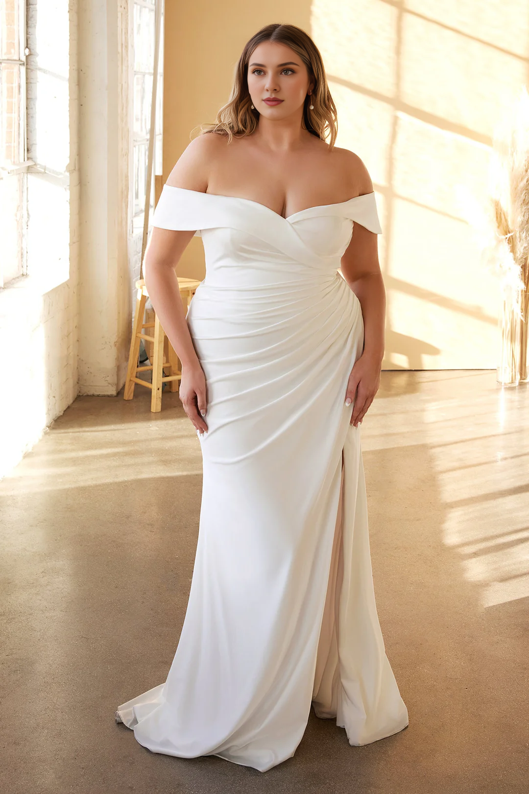 White long off shoulder plain knitted wedding dress