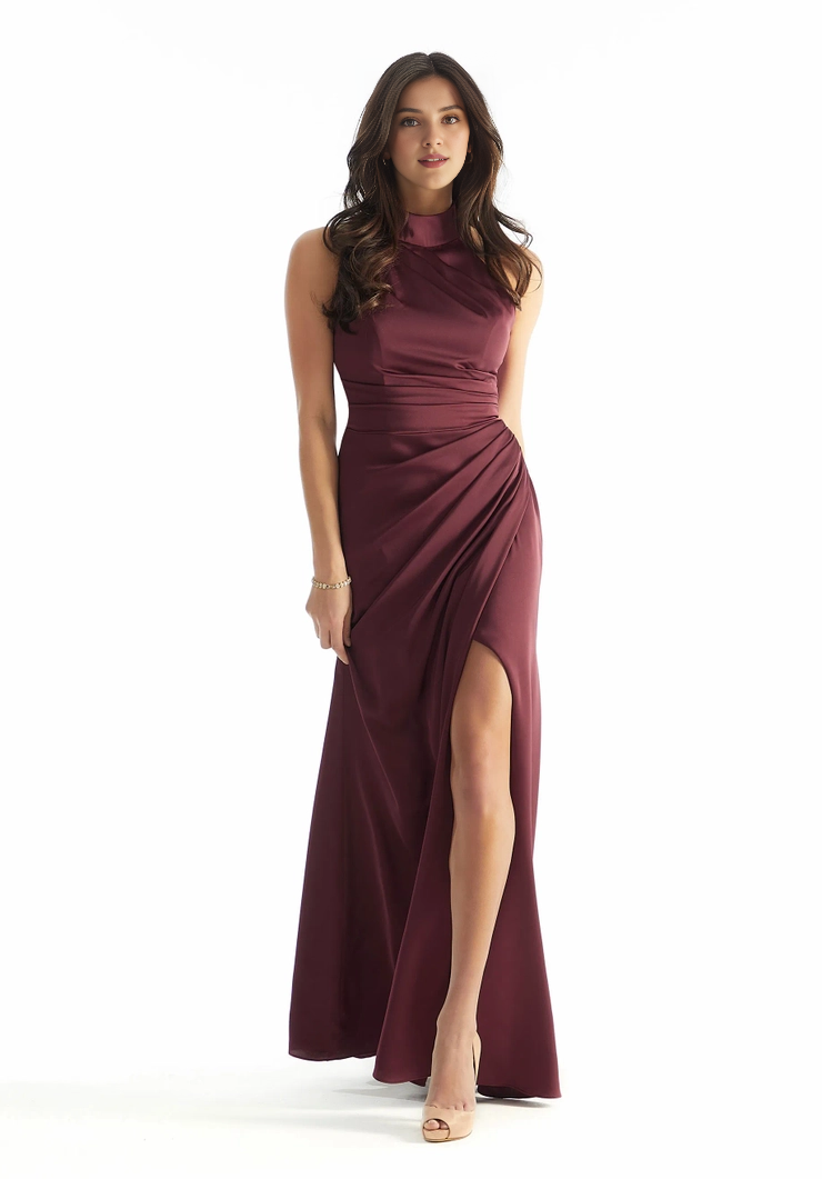 Sleeveless hanging neck exposed back zipper satin and floor length dress