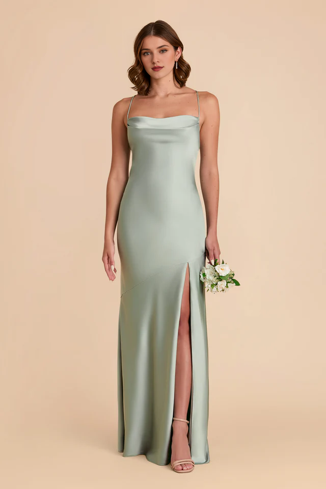 A-line neck hanging thin shoulder strap scarf with slit bridesmaid dress