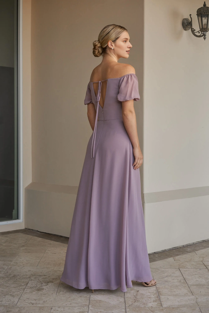 A-line thin shoulder strap off shoulder collar short bubble sleeves central slit bridesmaid dress