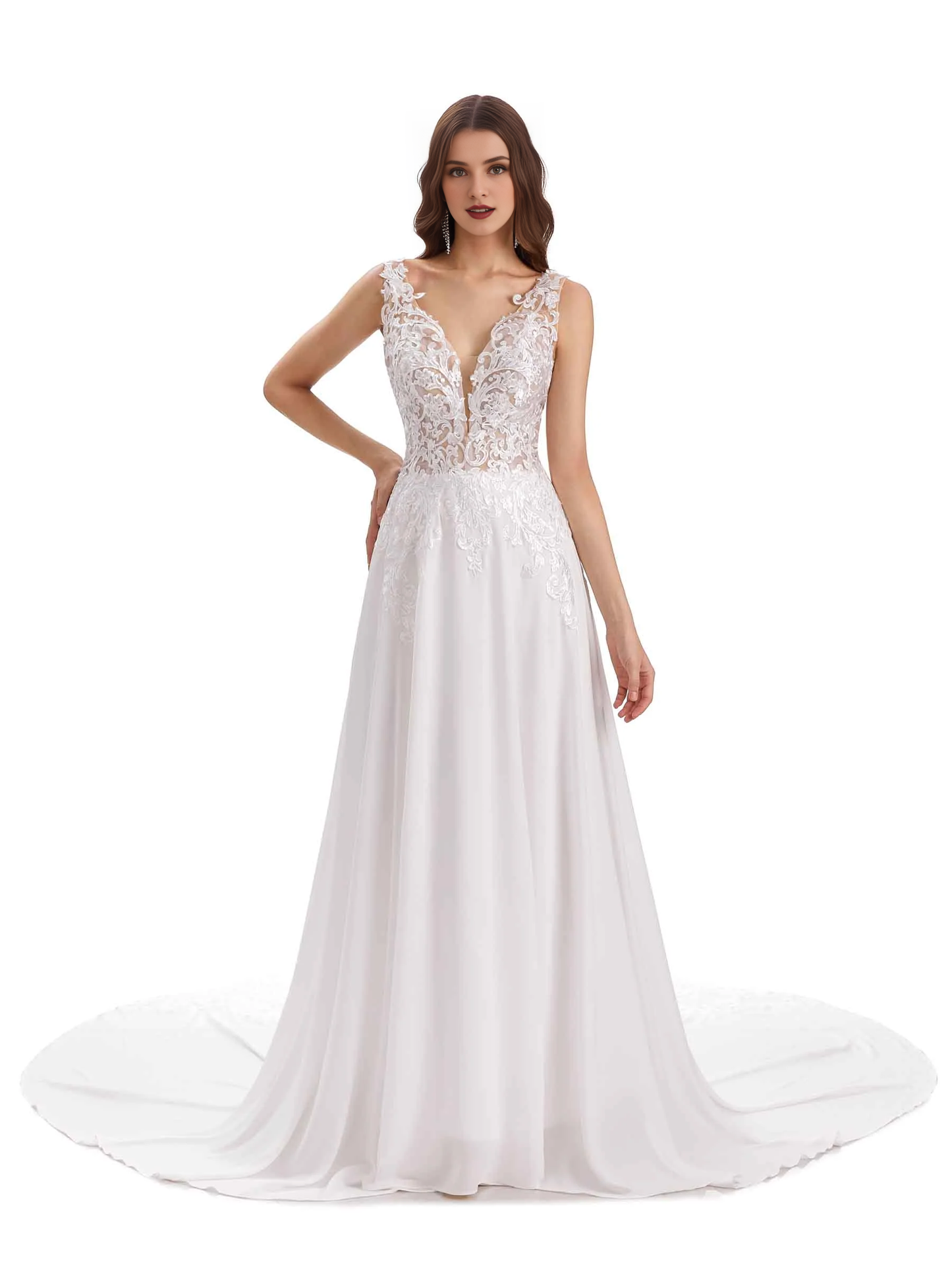 Elegant A-line V-neck ultra long lace wedding dress