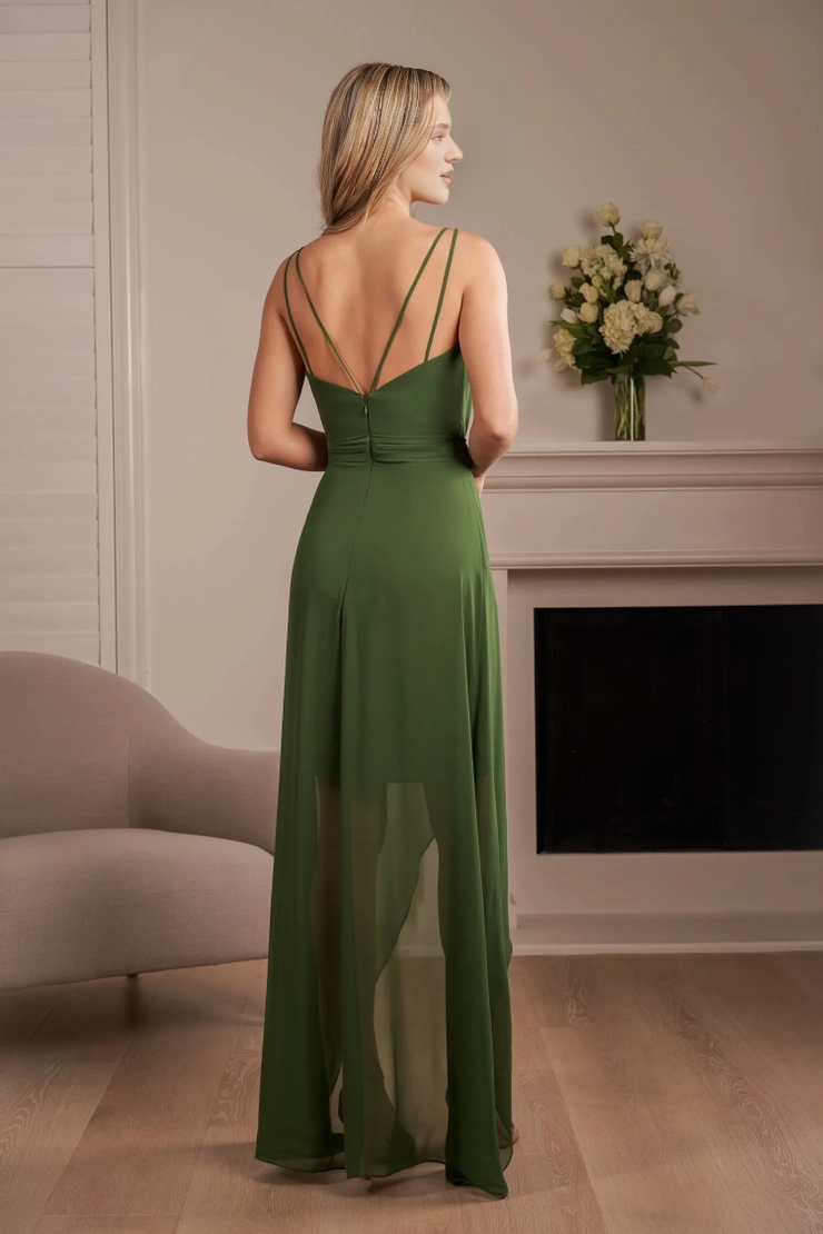 Polyester chiffon A-line thin shoulder strap bow back V-shaped bridesmaid dress