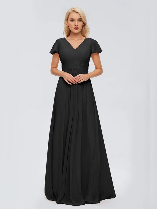 A-line V-neck chiffon and floor length bridesmaid dress