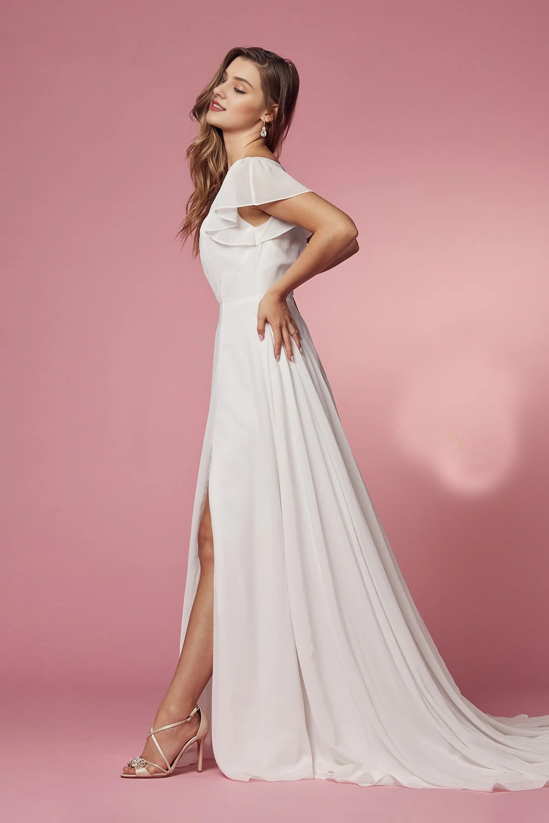 White long short sleeved wedding dress