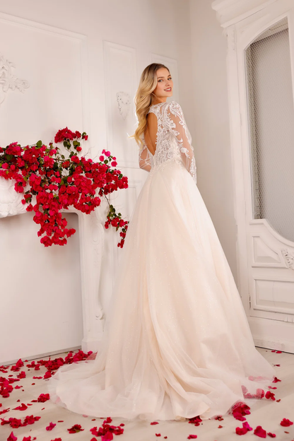 Embroidered applique long sleeved chiffon wedding dress