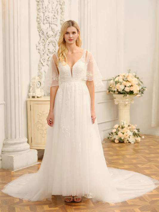 A-line Princess V-neck Half Sleeve Embroidered Long Wedding Dress