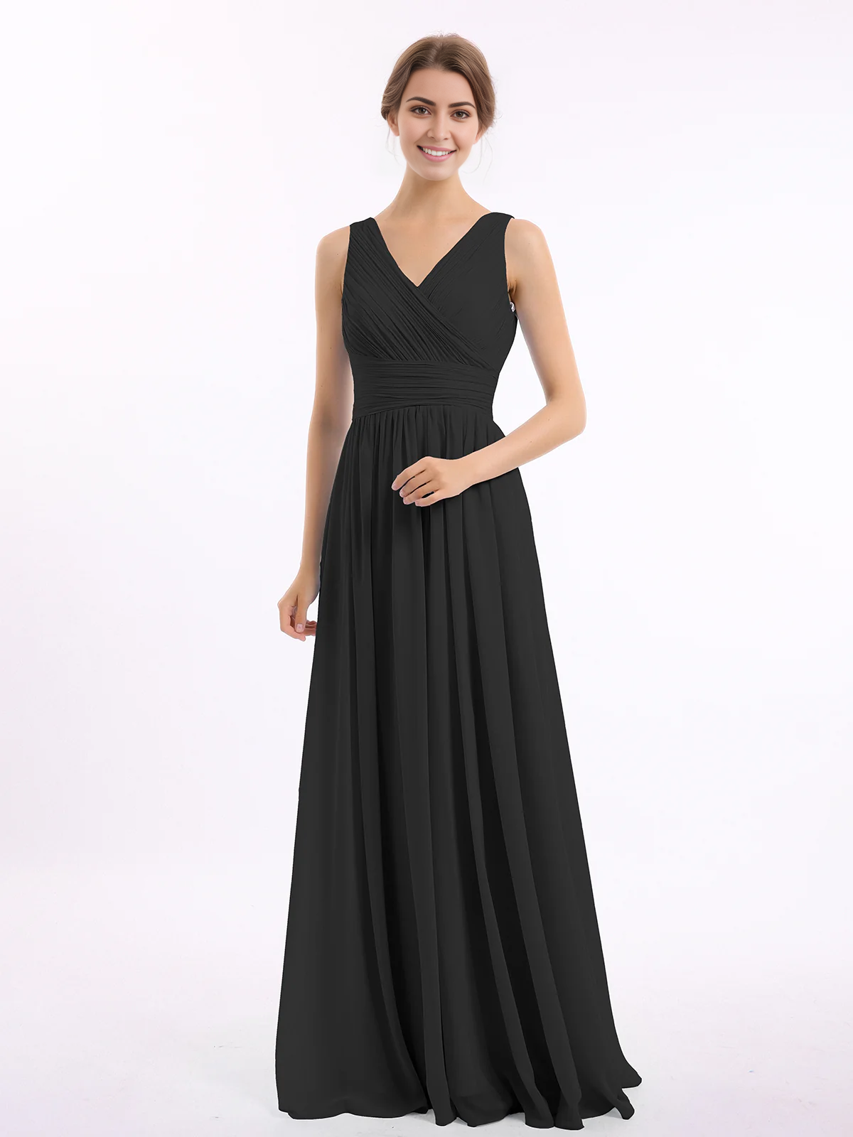 V-neck and floor chiffon dress