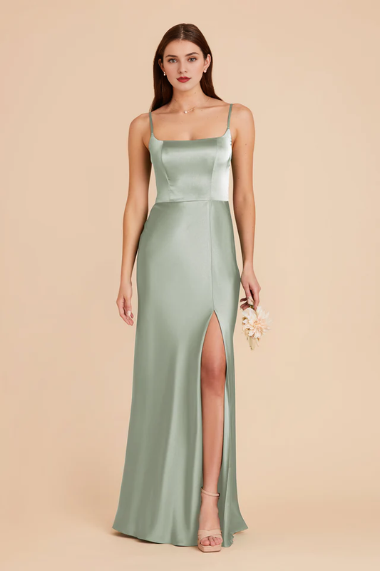 A-line front slit spoon neck satin bridesmaid dress