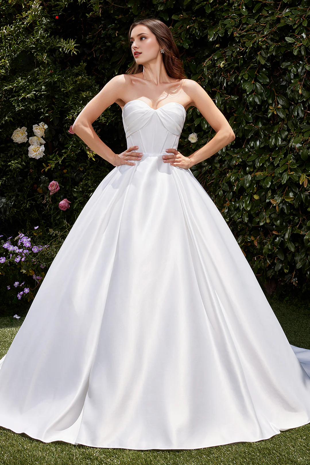 Satin long strapless wedding dress