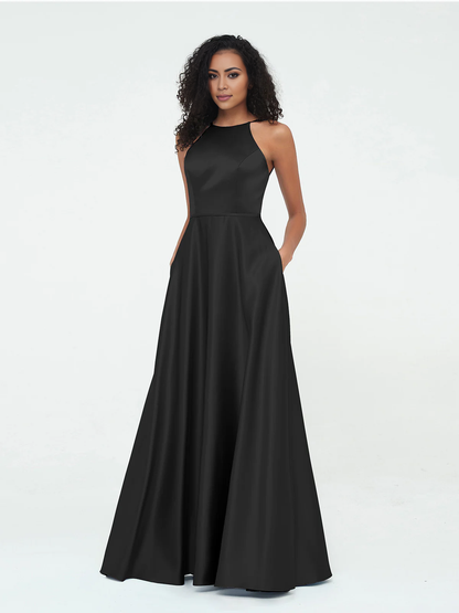 A-line hanging neck large pocket satin dress