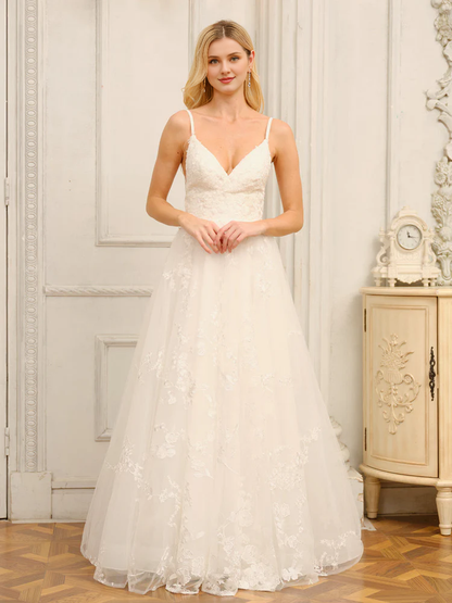 A-line princess slim shoulder strap V-neck sleeveless applique long wedding dress