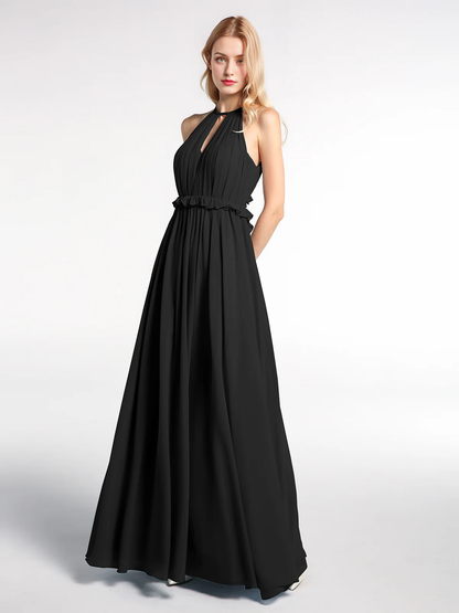 Keyhole collar backless chiffon long dress