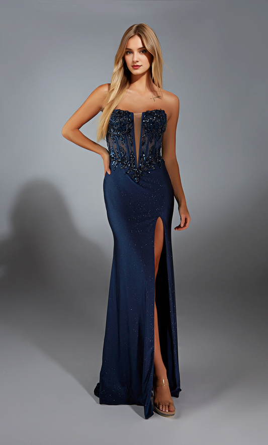 Strapless straight tube slit evening gown tight corset long formal dress