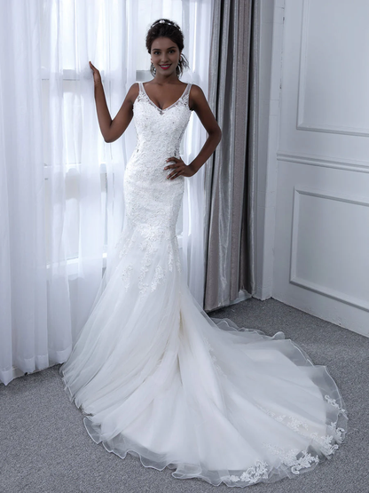 V-neck sleeveless beaded applique sequin sheer fishtail wedding dress